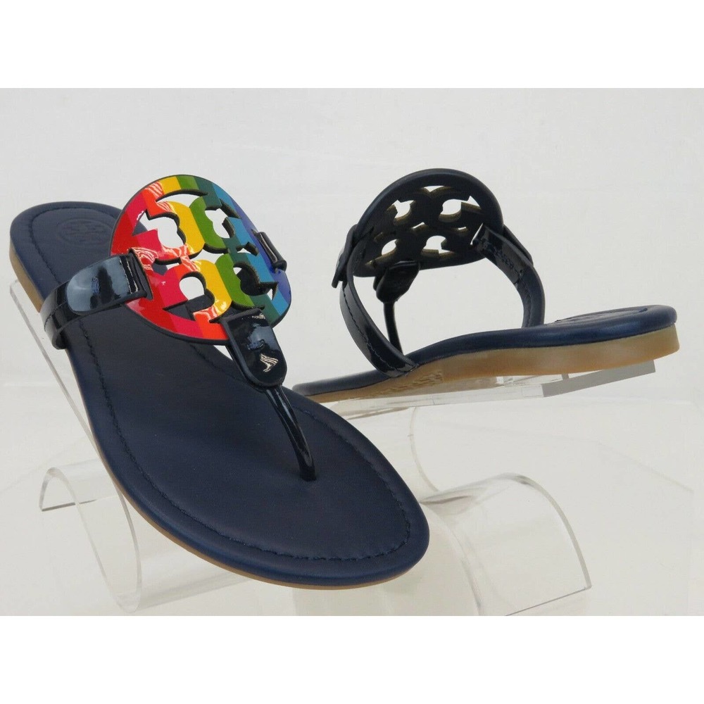 TORY BURCH MILLER ROYAL NAVY RAINBOW REVA LEATHER FLATS THONG SLIDES SANDALS 7 - Picture 3 of 12